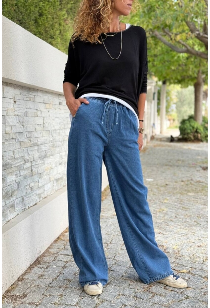 Mavi Beli Lastikli Bol Paça Cepli Yıkamalı Kot Pantolon 100 30