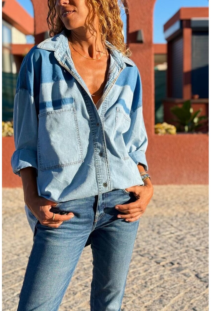 Mavi Cepli Garnili Yıkamalı Yumuşak Dokulu Denim Salaş Dokuma Gömlek 55 70