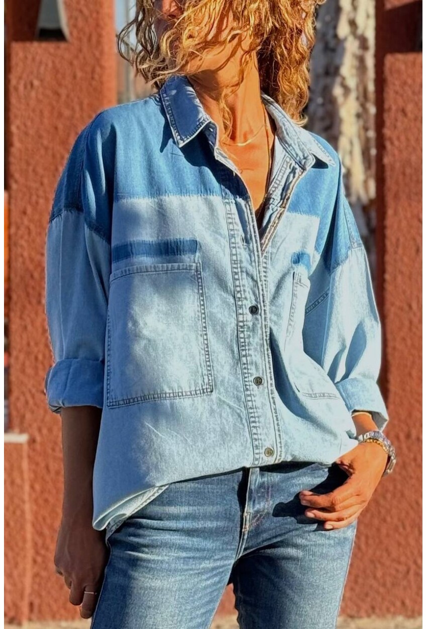Mavi Cepli Garnili Yıkamalı Yumuşak Dokulu Denim Salaş Dokuma Gömlek 55 70