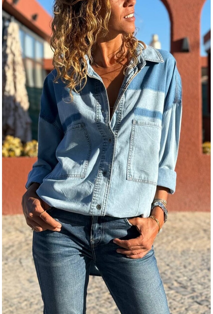 Mavi Cepli Garnili Yıkamalı Yumuşak Dokulu Denim Salaş Dokuma Gömlek 55 70