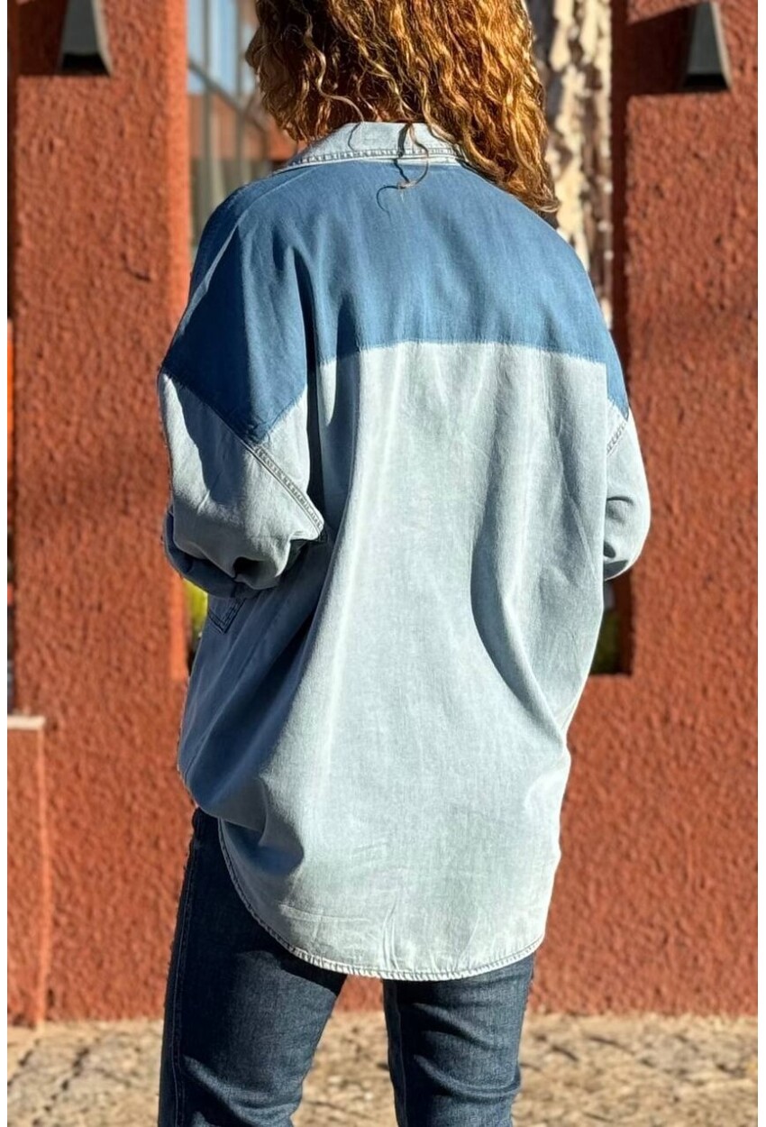 Mavi Cepli Garnili Yıkamalı Yumuşak Dokulu Denim Salaş Dokuma Gömlek 55 70
