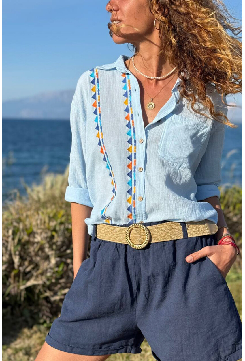 Mavi Etnik Nakışlı Pamuklu Salaş Dokuma Gömlek 65 45