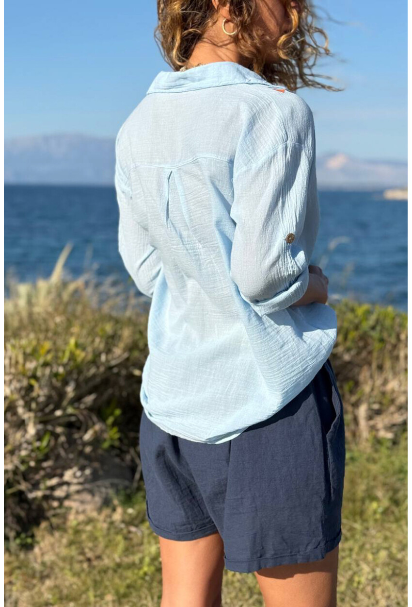 Mavi Etnik Nakışlı Pamuklu Salaş Dokuma Gömlek 65 45