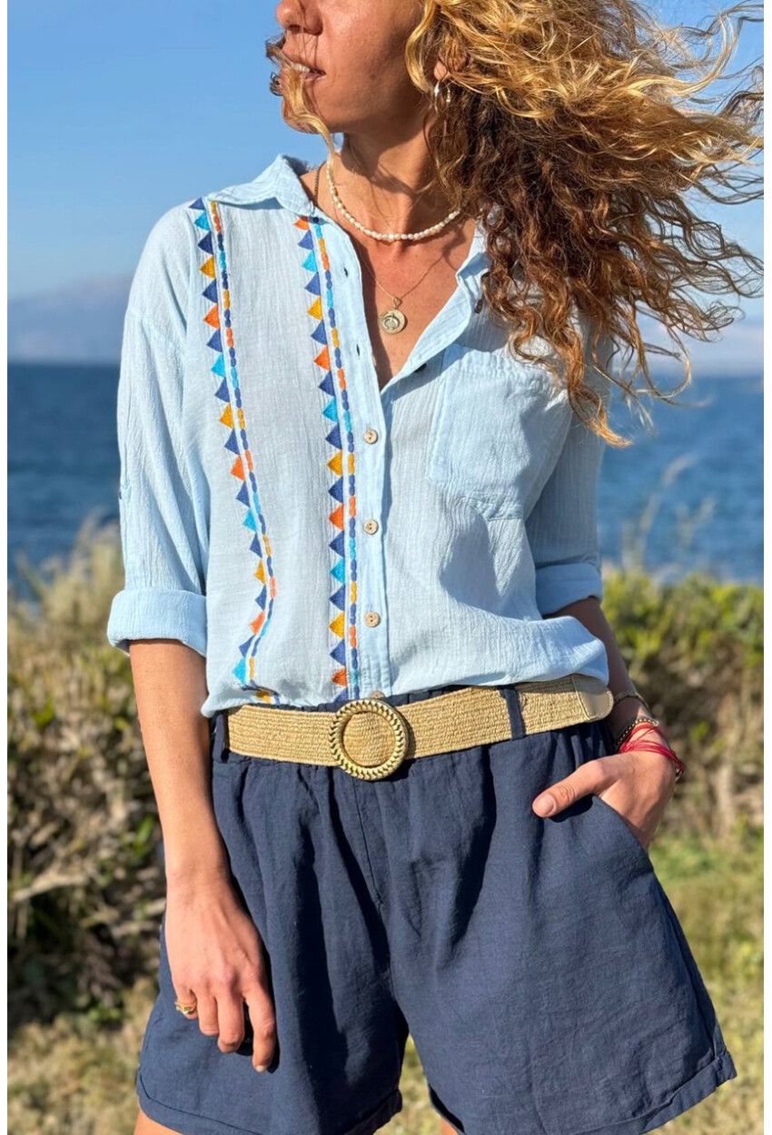 Mavi Etnik Nakışlı Pamuklu Salaş Dokuma Gömlek 65 45