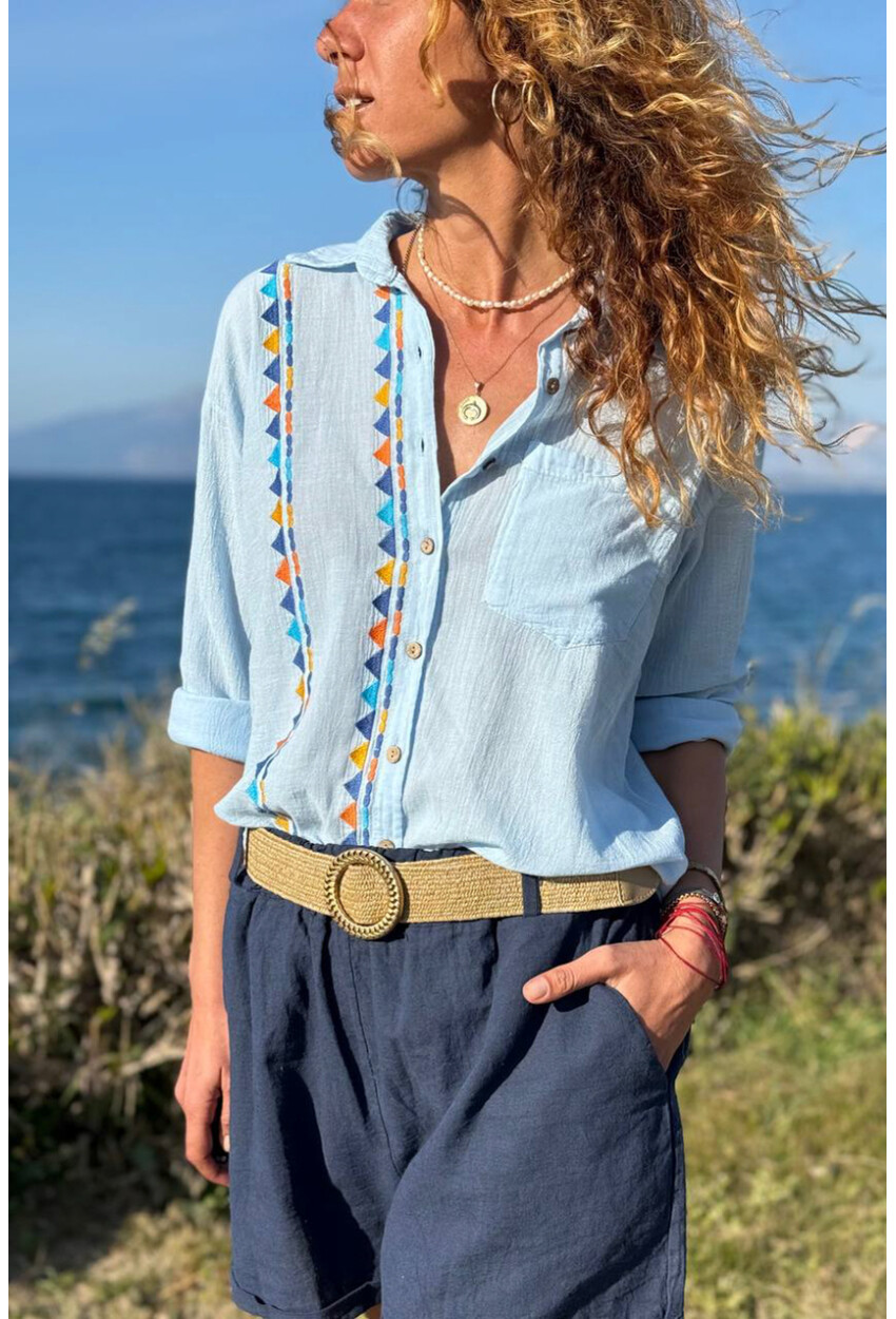 Mavi Etnik Nakışlı Pamuklu Salaş Dokuma Gömlek 65 45