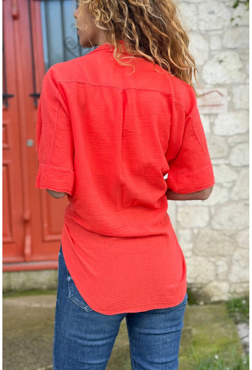 Mercan Bağlamalı Pamuklu Arkası Uzun Crop Dokuma Bluz 70 45