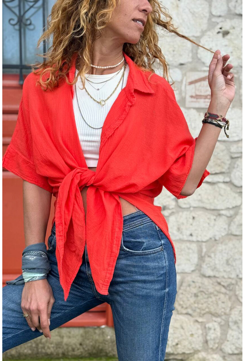 Mercan Bağlamalı Pamuklu Arkası Uzun Crop Dokuma Bluz 70 45