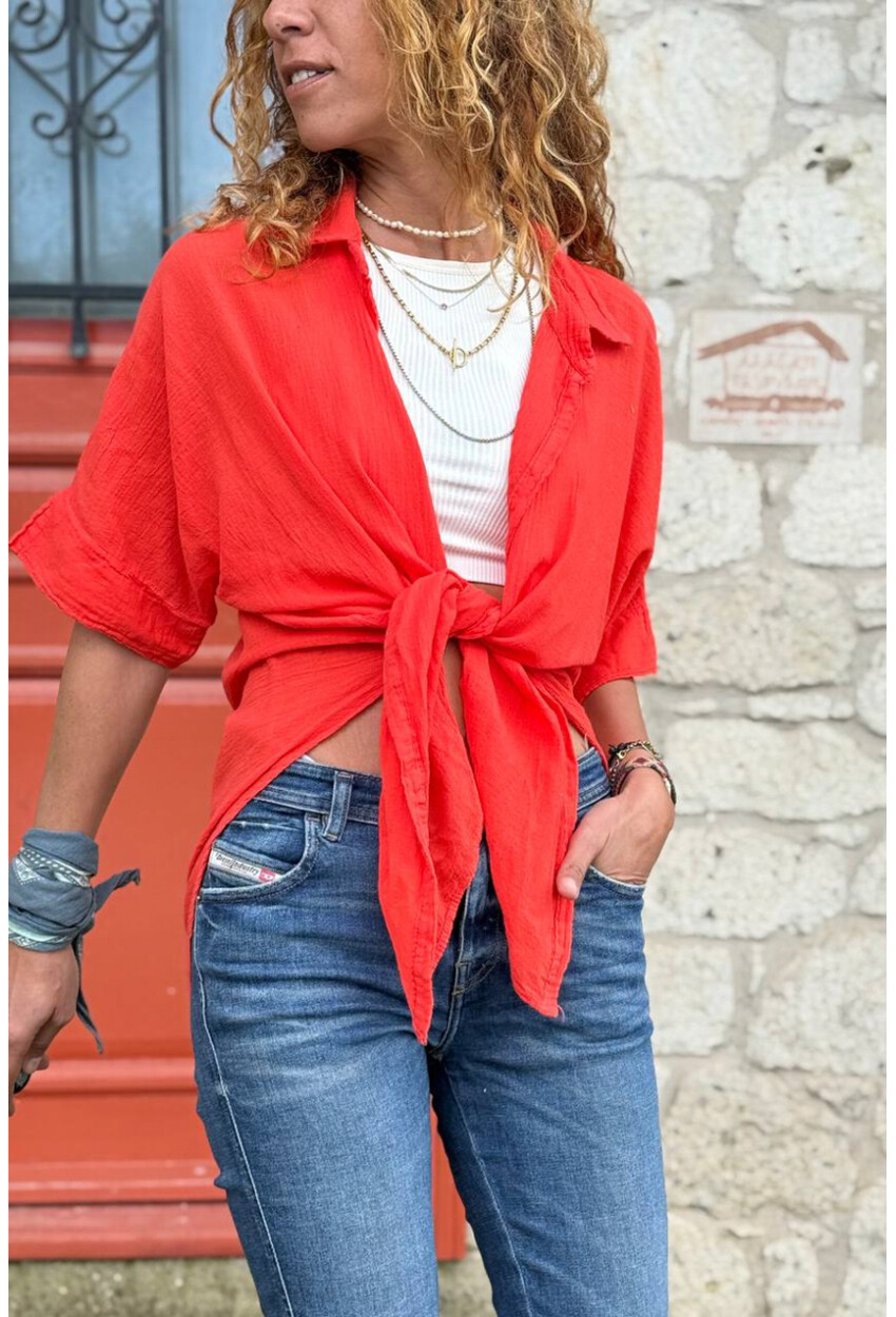 Mercan Bağlamalı Pamuklu Arkası Uzun Crop Dokuma Bluz 70 45