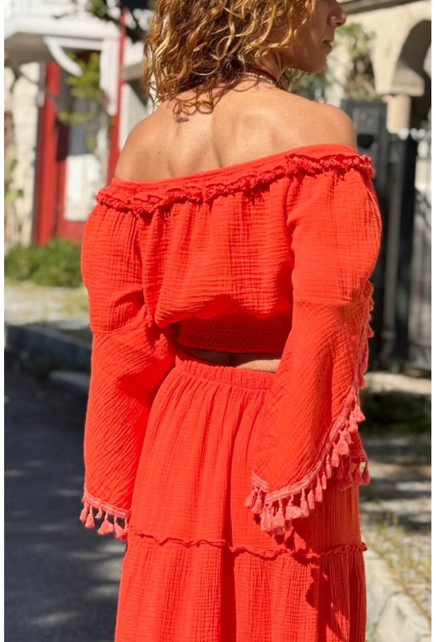 Mercan İspanyol Kol Omuz Dekolteli Bohem Müslin Crop Dokuma Bluz 35 35