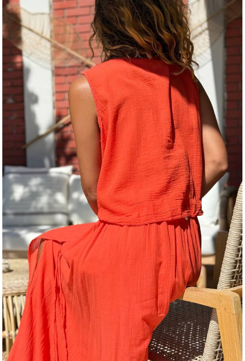 Mercan Kolsuz Büzgülü Pamuklu Crop Fit Dokuma Bluz 50 45