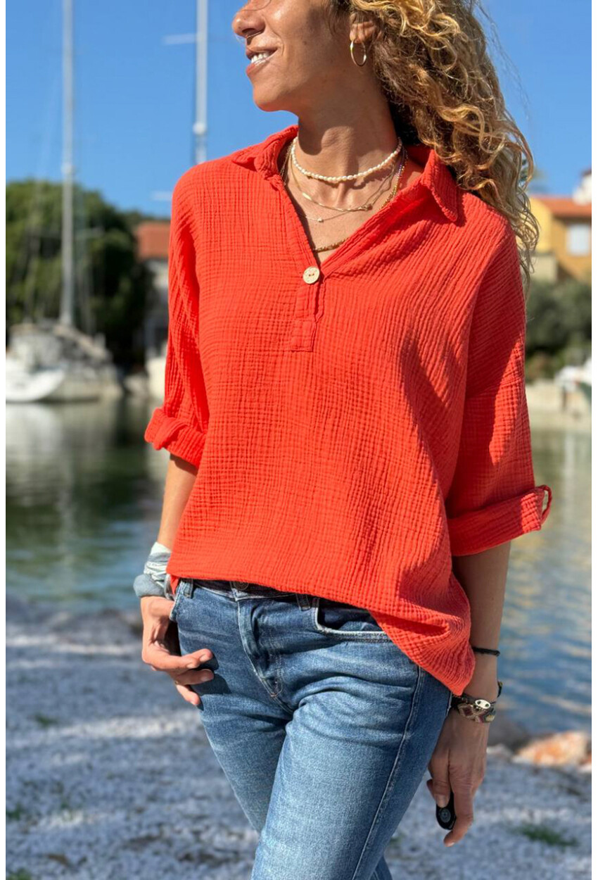 Mercan Yarım Patlı Süs Düğmeli Pamuklu Salaş Dokuma Bluz 65 55