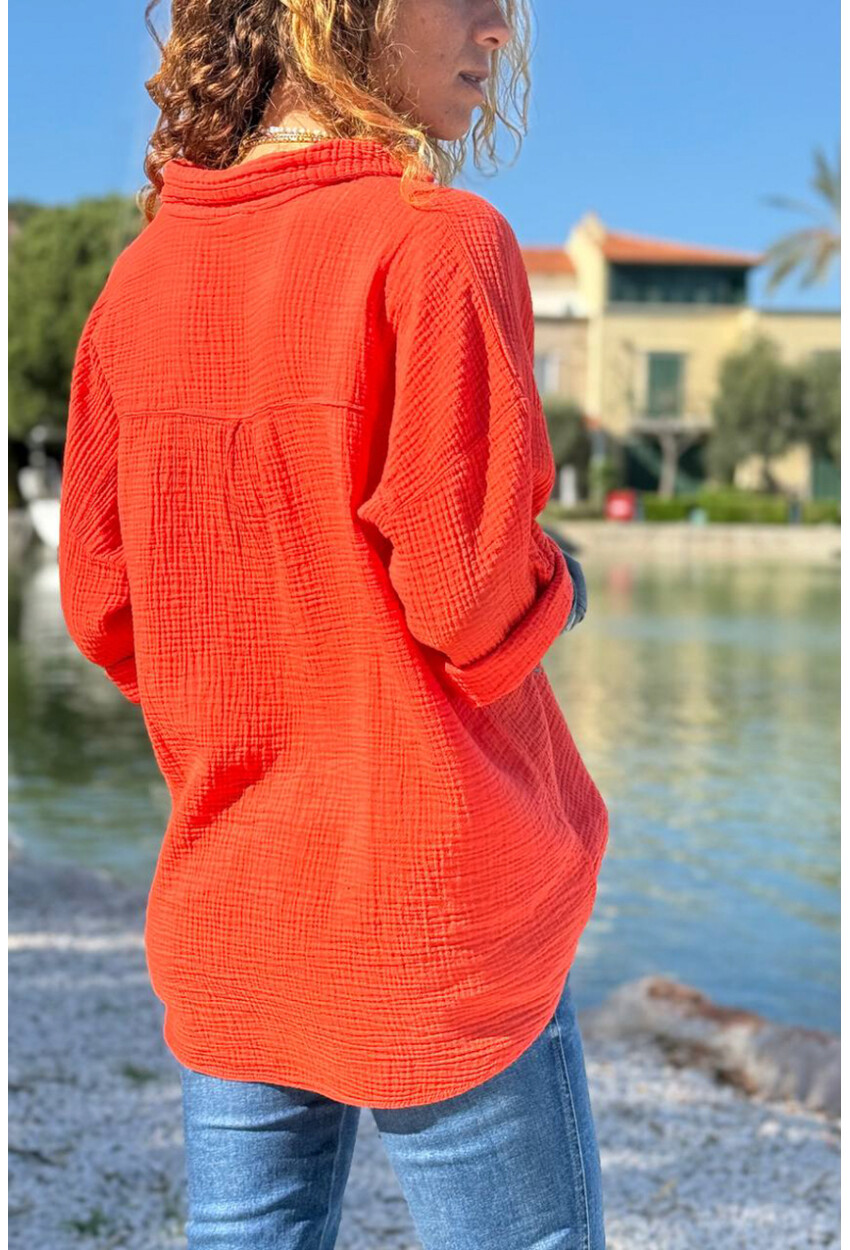 Mercan Yarım Patlı Süs Düğmeli Pamuklu Salaş Dokuma Bluz 65 55