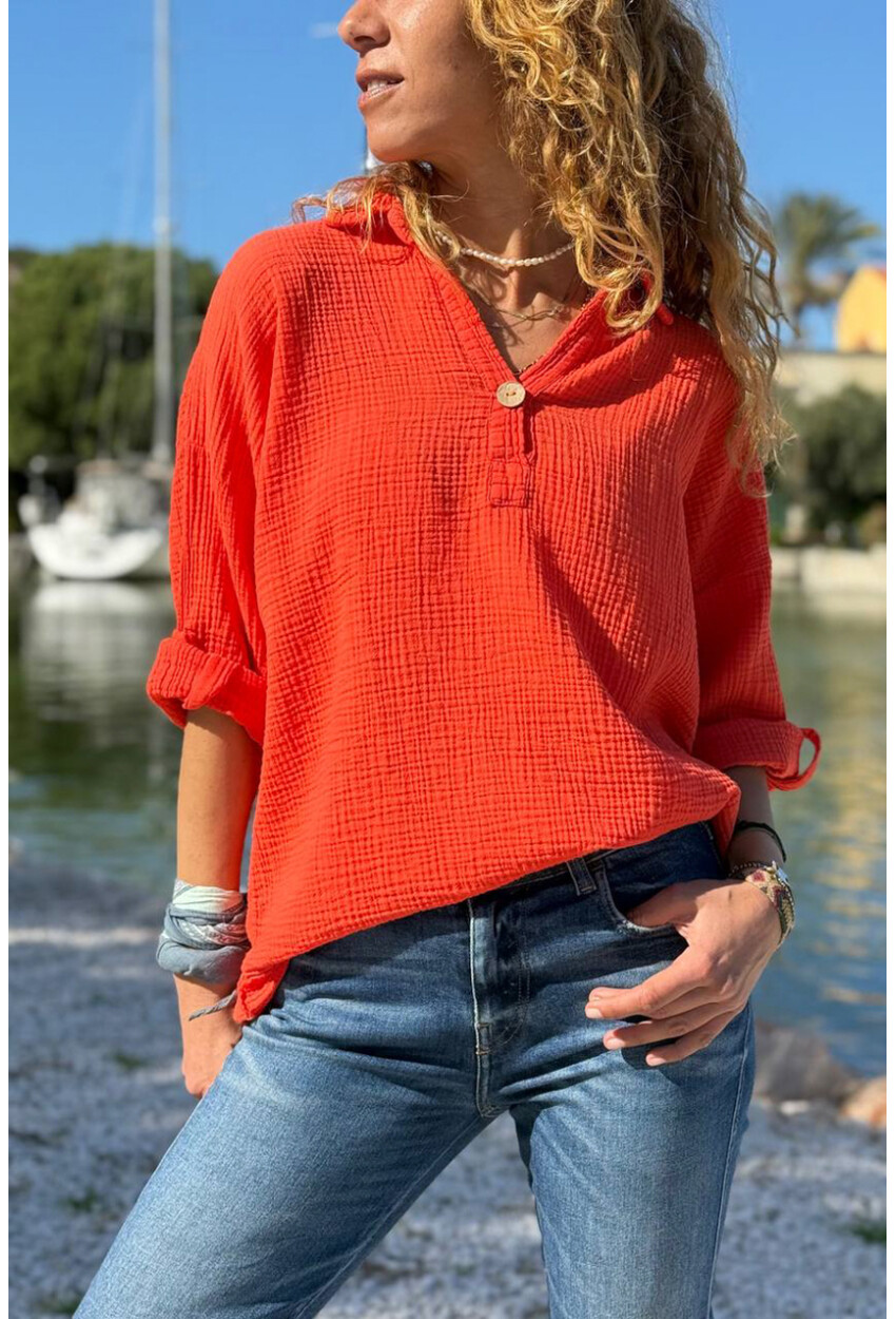 Mercan Yarım Patlı Süs Düğmeli Pamuklu Salaş Dokuma Bluz 65 55