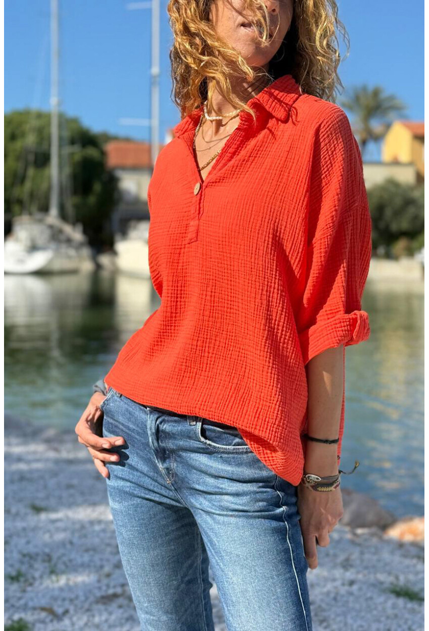 Mercan Yarım Patlı Süs Düğmeli Pamuklu Salaş Dokuma Bluz 65 55