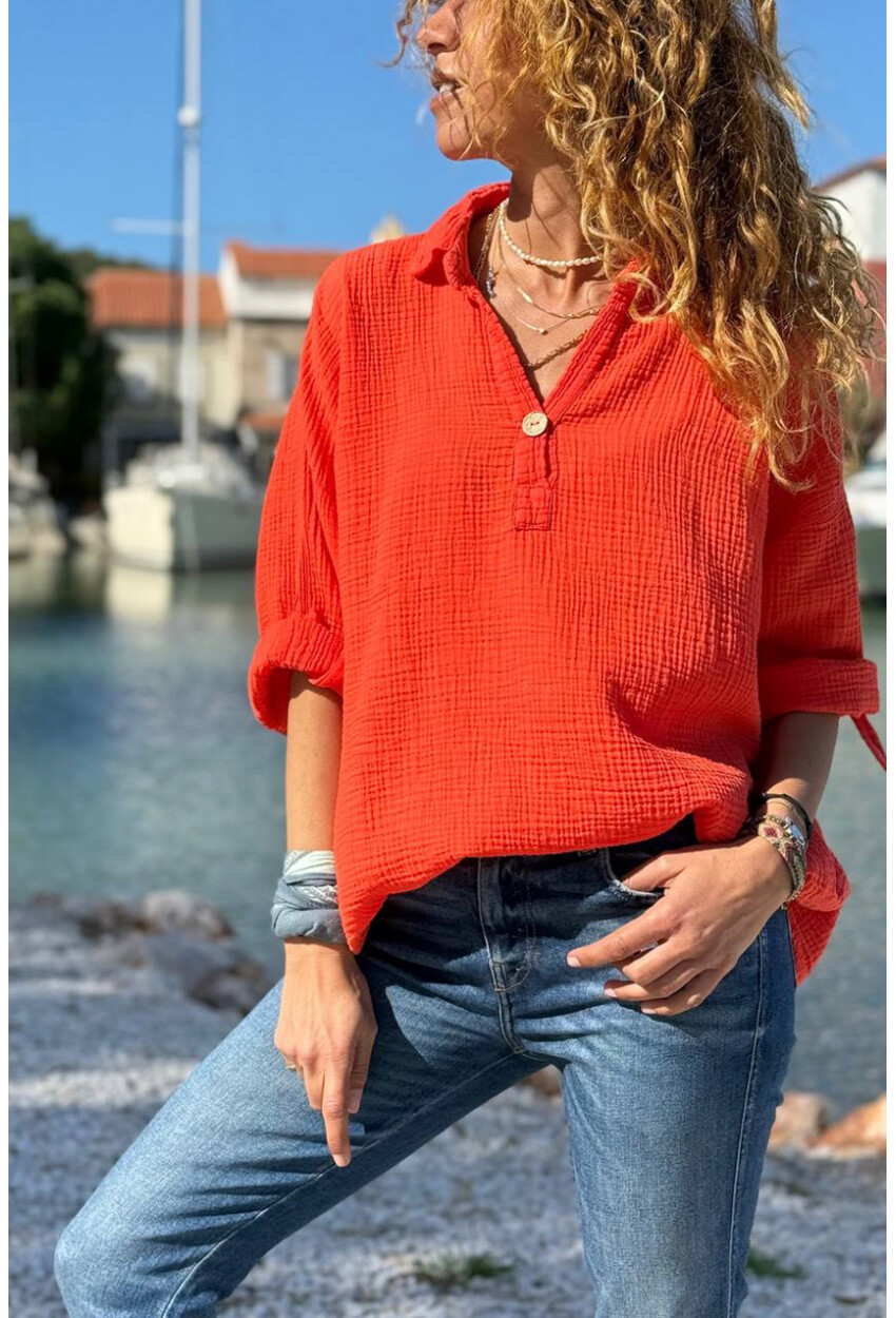 Mercan Yarım Patlı Süs Düğmeli Pamuklu Salaş Dokuma Bluz 65 55