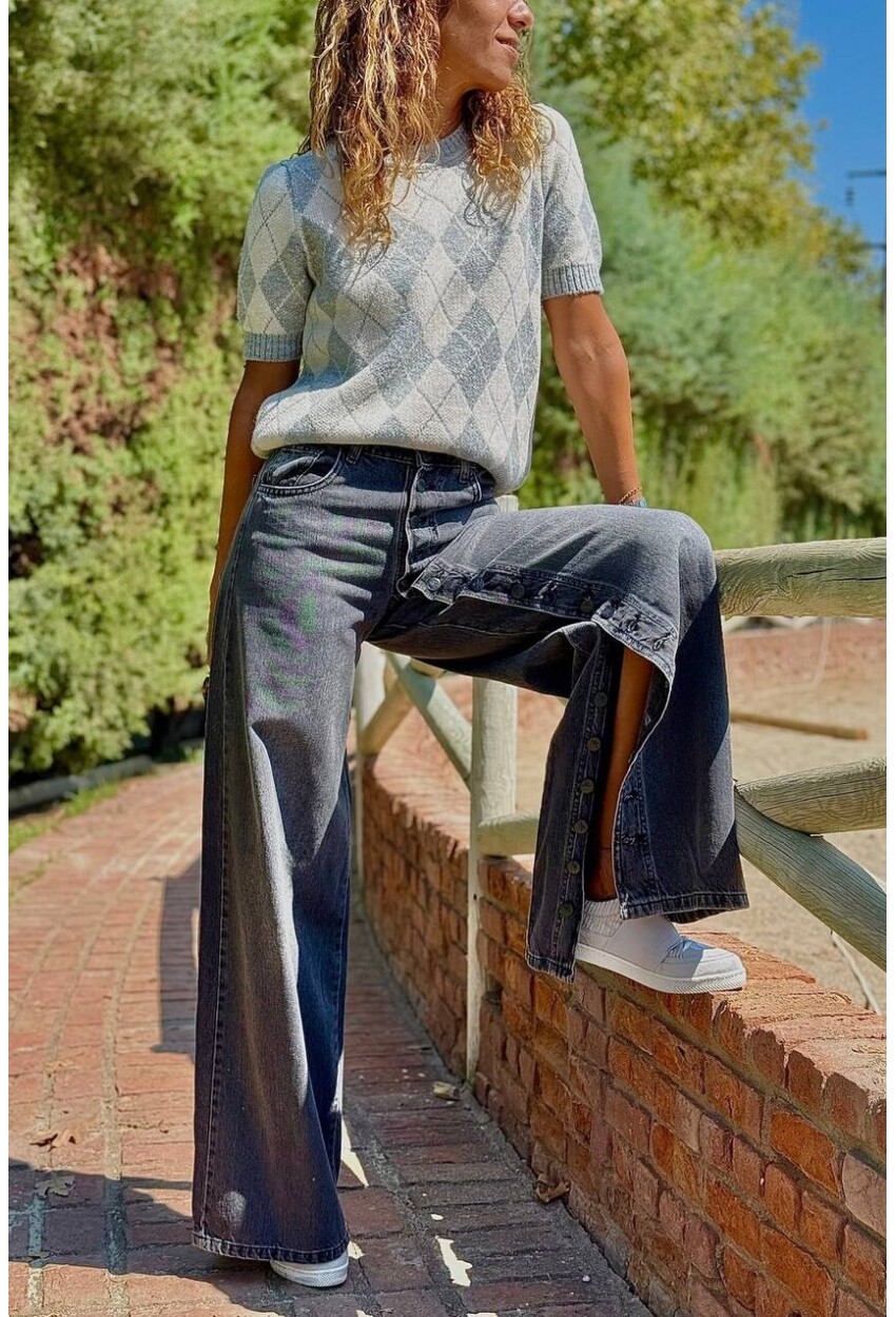 İndigo Yıkamalı Boydan Düğmeli Yırtmaçlı Bol Paça Denim Pantolon 35 105
