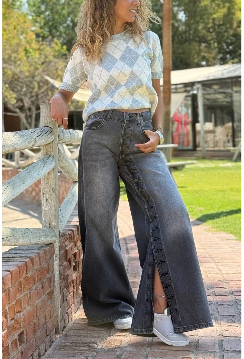 İndigo Yıkamalı Boydan Düğmeli Yırtmaçlı Bol Paça Denim Pantolon 35 105