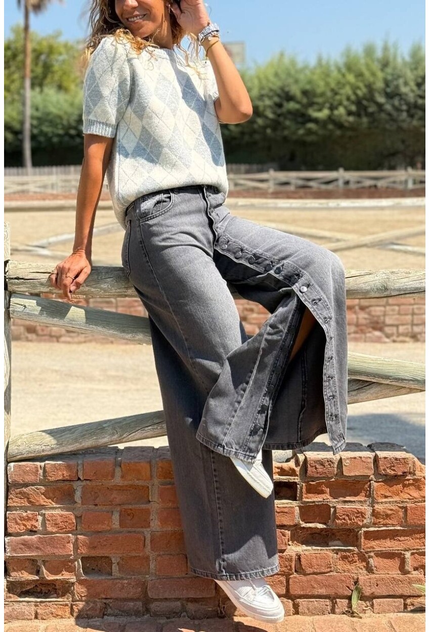 İndigo Yıkamalı Boydan Düğmeli Yırtmaçlı Bol Paça Denim Pantolon 35 105