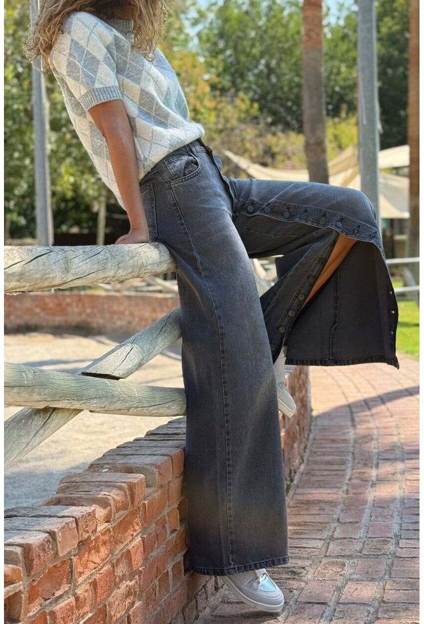İndigo Yıkamalı Boydan Düğmeli Yırtmaçlı Bol Paça Denim Pantolon 35 105