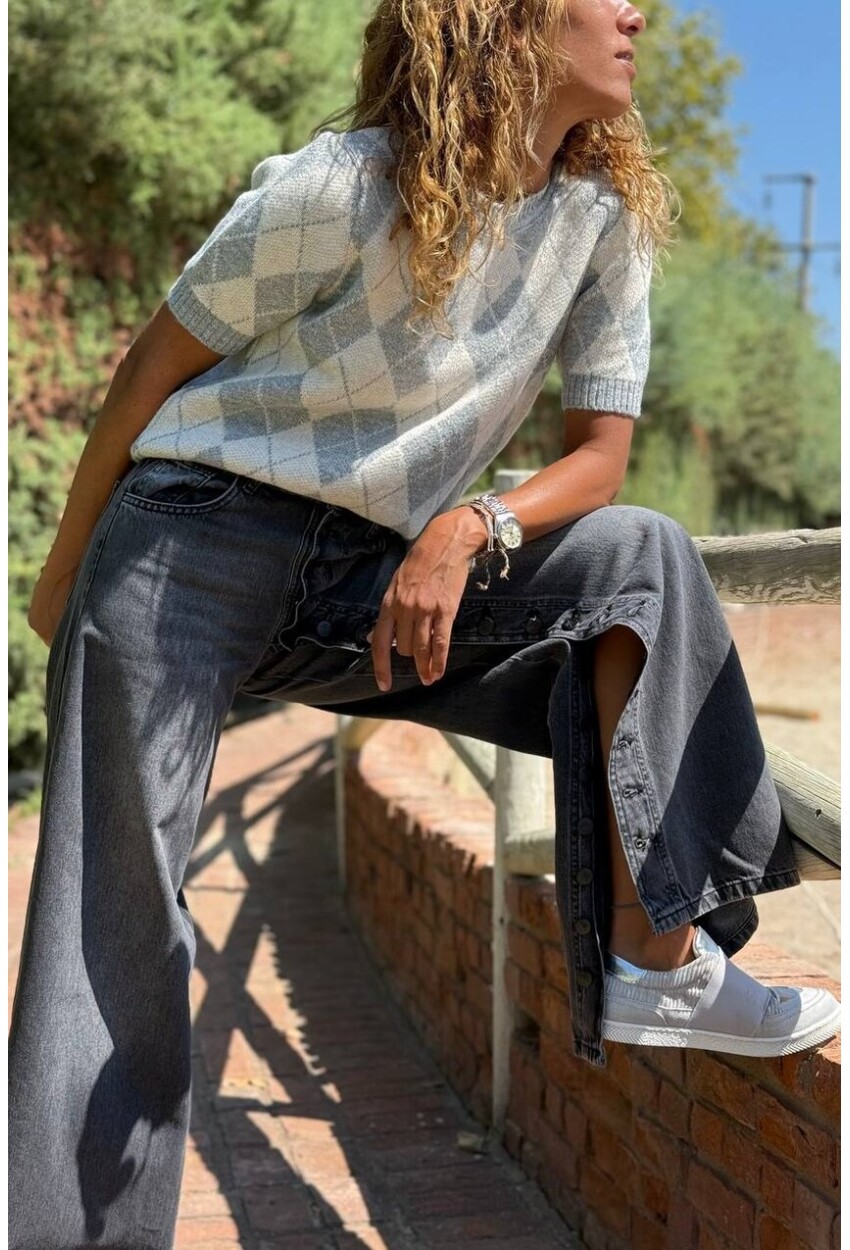 İndigo Yıkamalı Boydan Düğmeli Yırtmaçlı Bol Paça Denim Pantolon 35 105