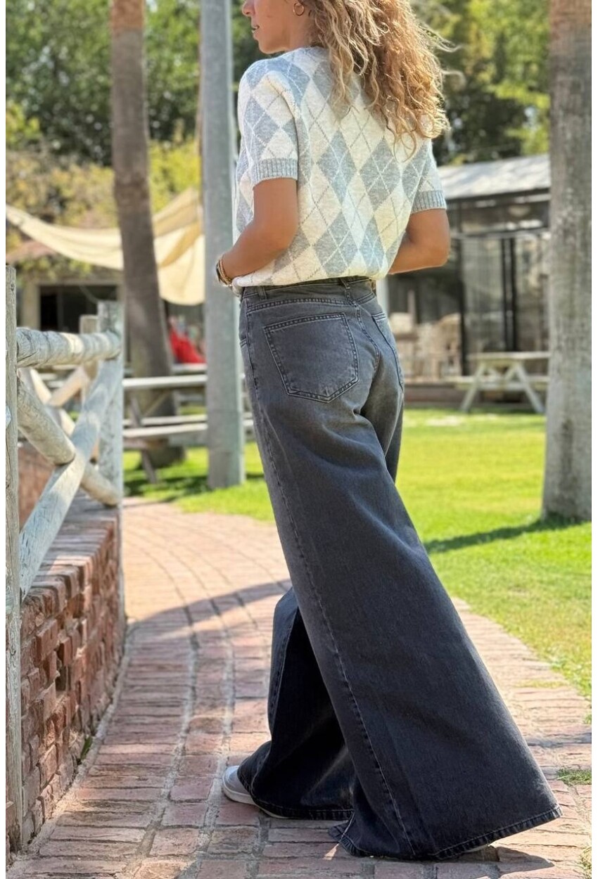 İndigo Yıkamalı Boydan Düğmeli Yırtmaçlı Bol Paça Denim Pantolon 35 105