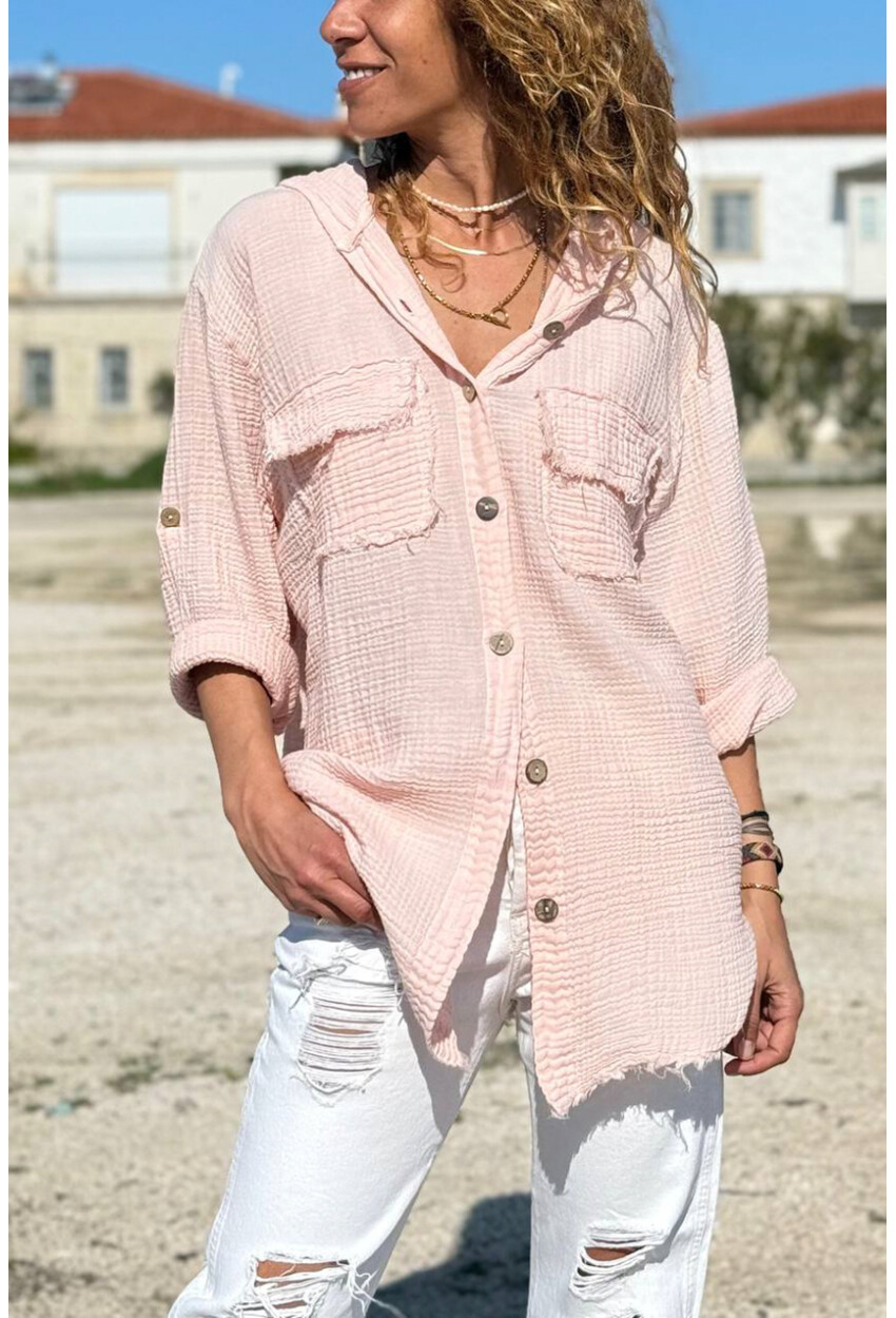 Pudra Kapüşonlu Düğmeli Cepli Pis Dikişli Pamuklu Salaş Dokuma Gömlek 70 50