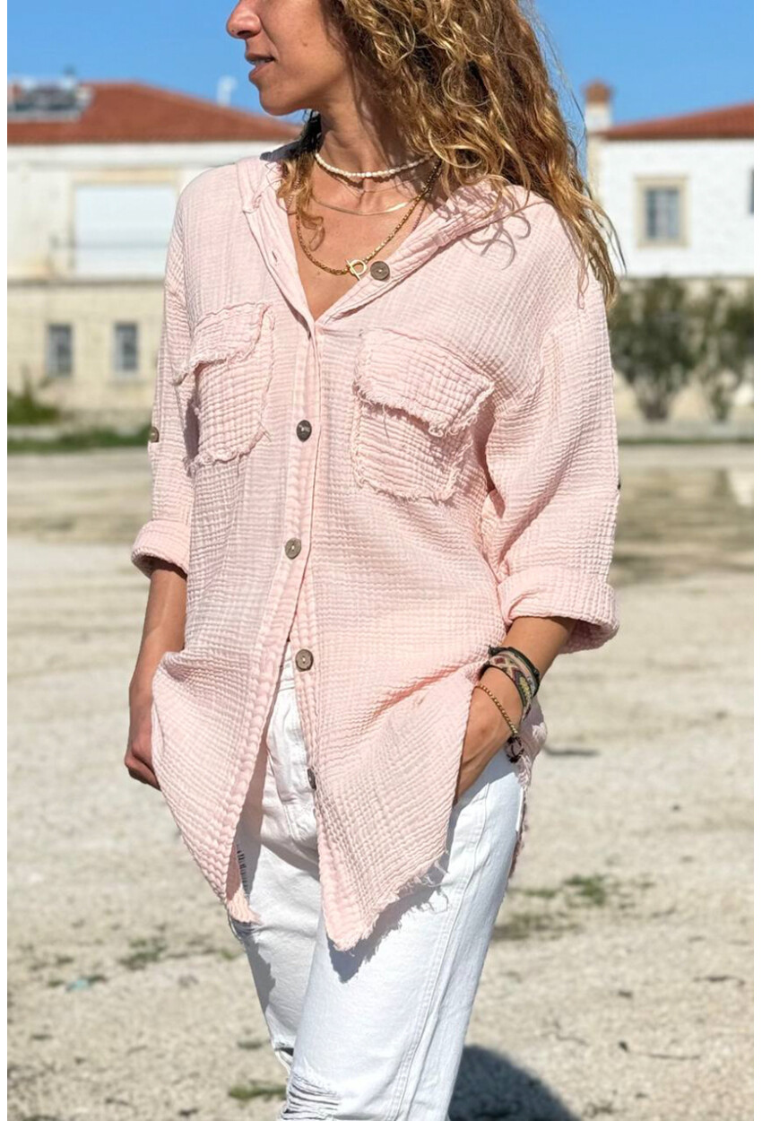 Pudra Kapüşonlu Düğmeli Cepli Pis Dikişli Pamuklu Salaş Dokuma Gömlek 70 50