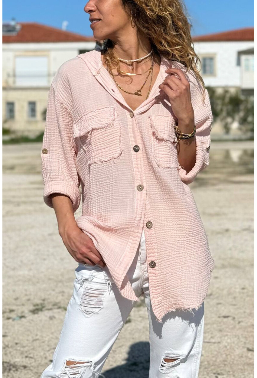 Pudra Kapüşonlu Düğmeli Cepli Pis Dikişli Pamuklu Salaş Dokuma Gömlek 70 50