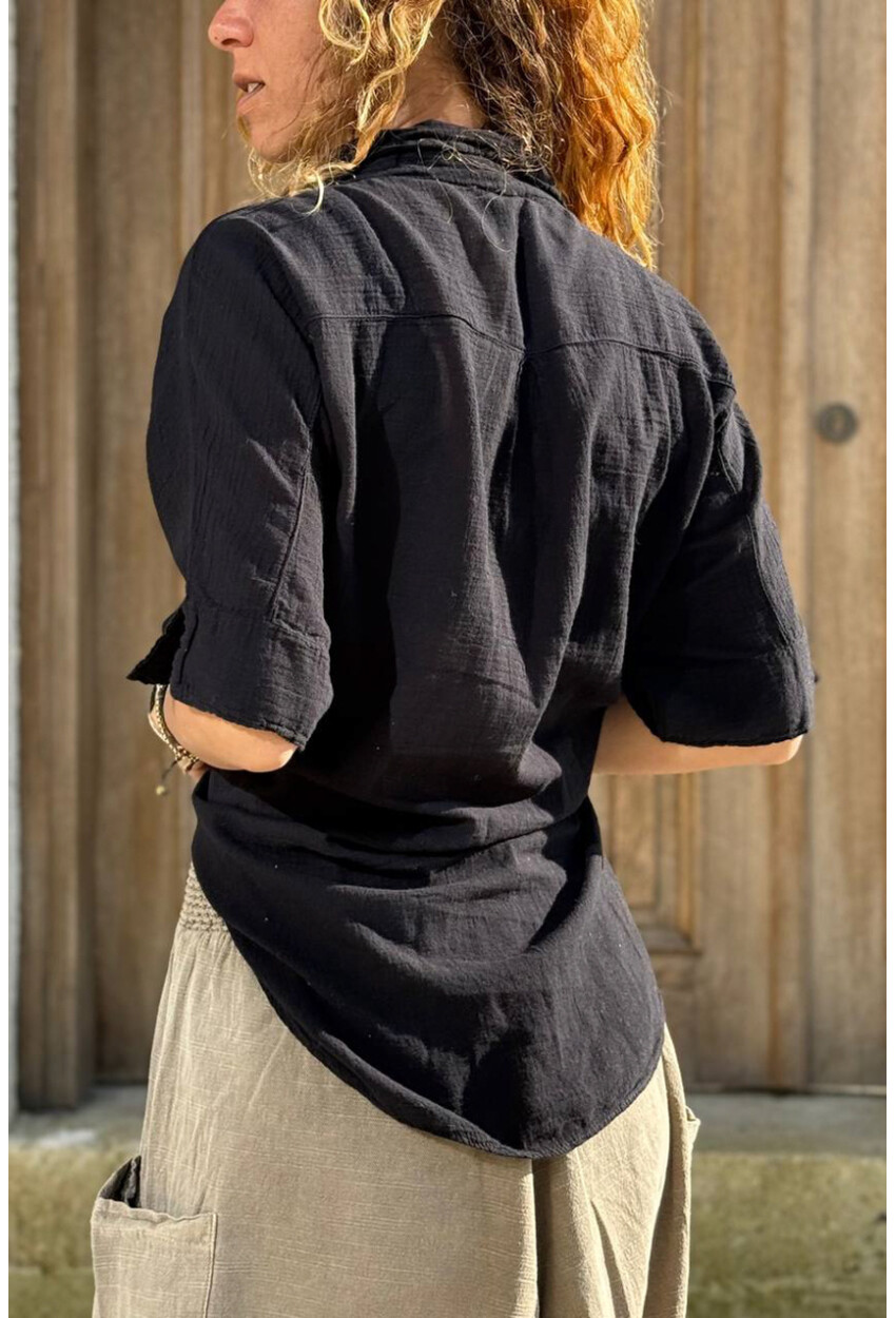 Siyah Bağlamalı Pamuklu Arkası Uzun Crop Dokuma Bluz 70 45