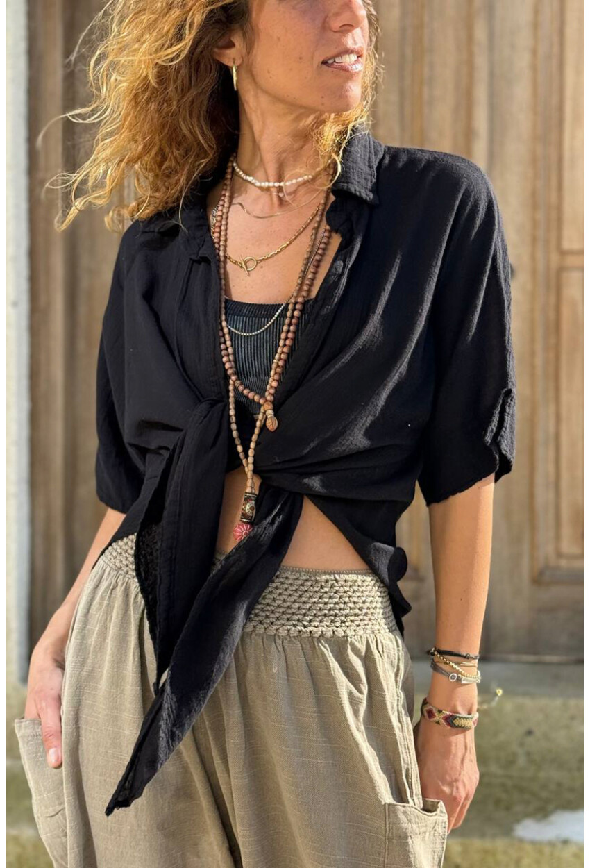 Siyah Bağlamalı Pamuklu Arkası Uzun Crop Dokuma Bluz 70 45