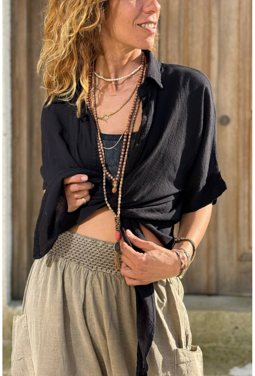 Siyah Bağlamalı Pamuklu Arkası Uzun Crop Dokuma Bluz 70 45