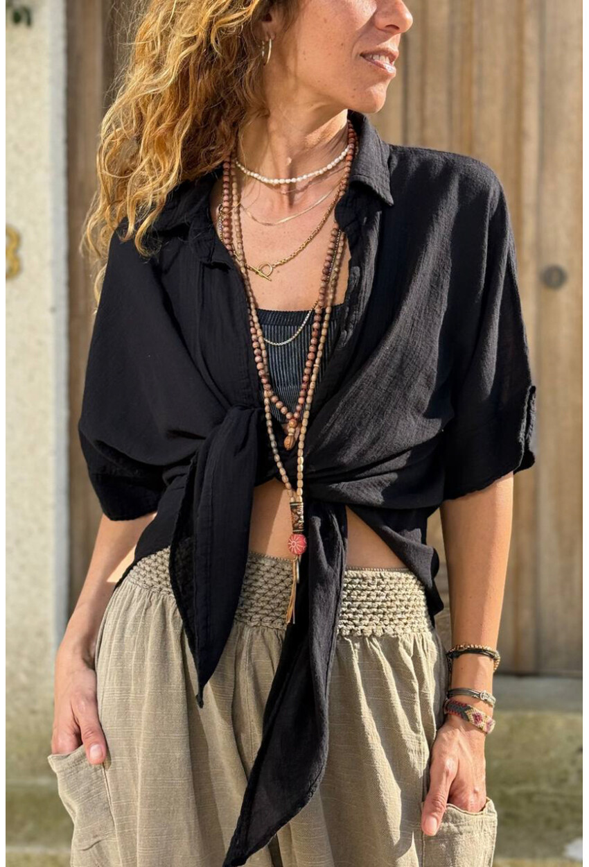 Siyah Bağlamalı Pamuklu Arkası Uzun Crop Dokuma Bluz 70 45