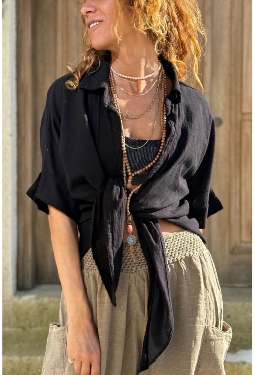 Siyah Bağlamalı Pamuklu Arkası Uzun Crop Dokuma Bluz 70 45