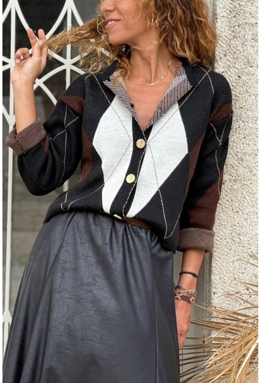 Siyah Baklava Desen Düğmeli Yün Karışımlı Triko Hırka 55 45