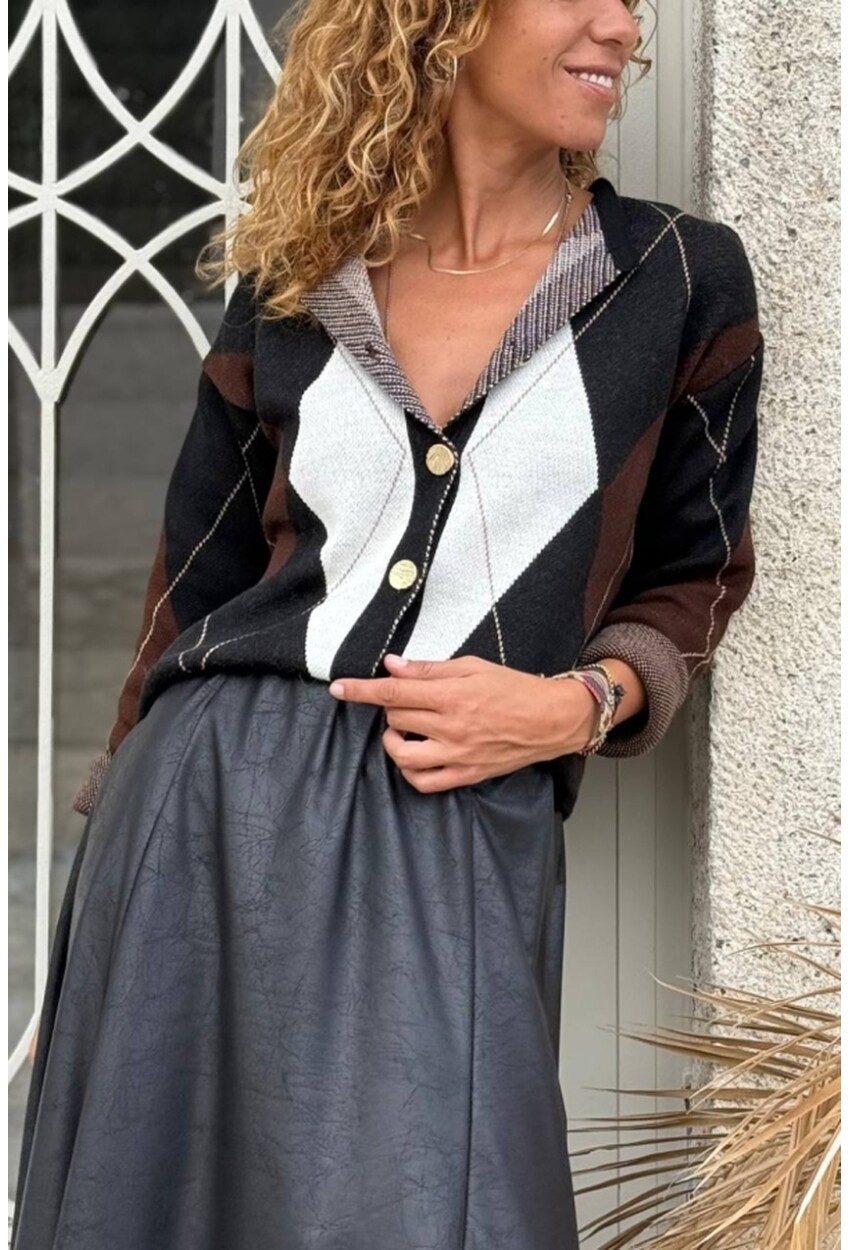 Siyah Baklava Desen Düğmeli Yün Karışımlı Triko Hırka 55 45