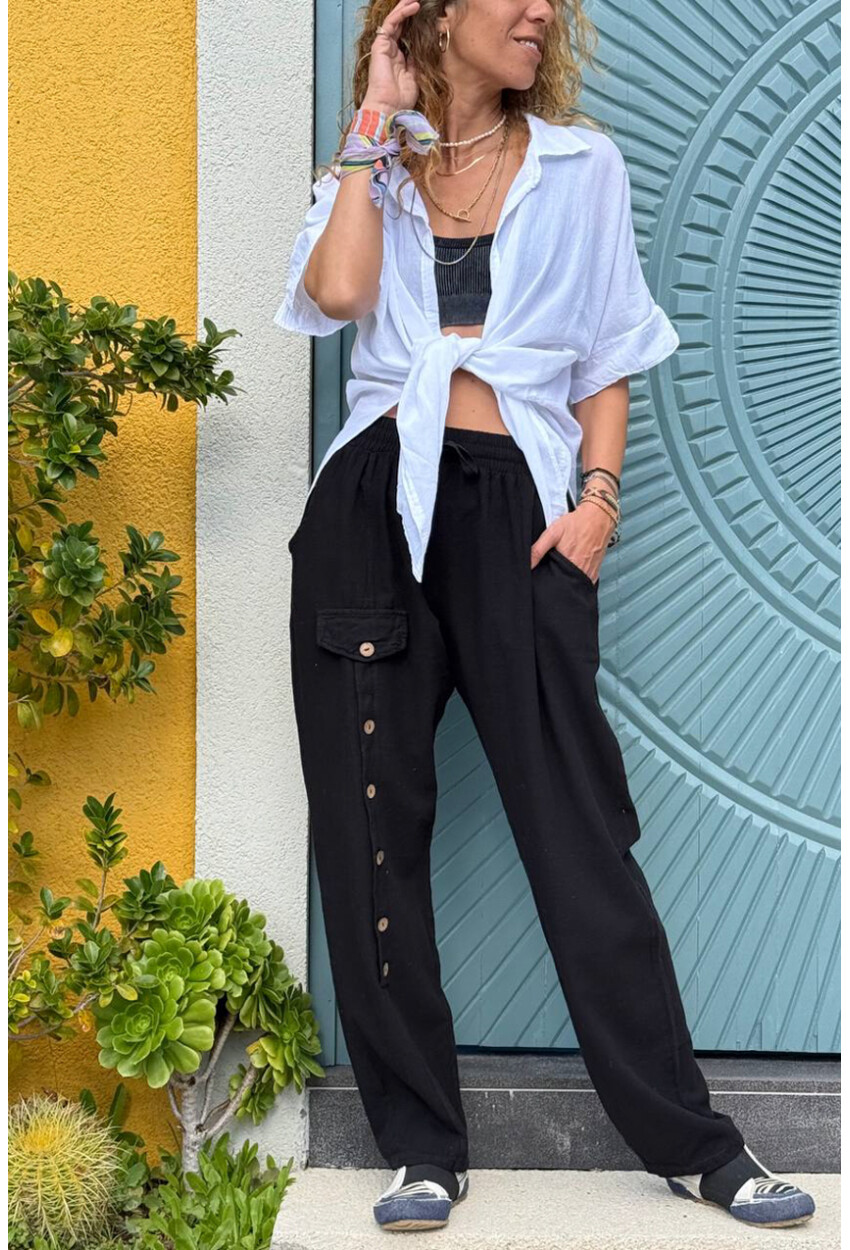 Siyah Cepli Süs Düğmeli Bol Paça Pamuklu Salaş Dokuma Pantolon 95 35