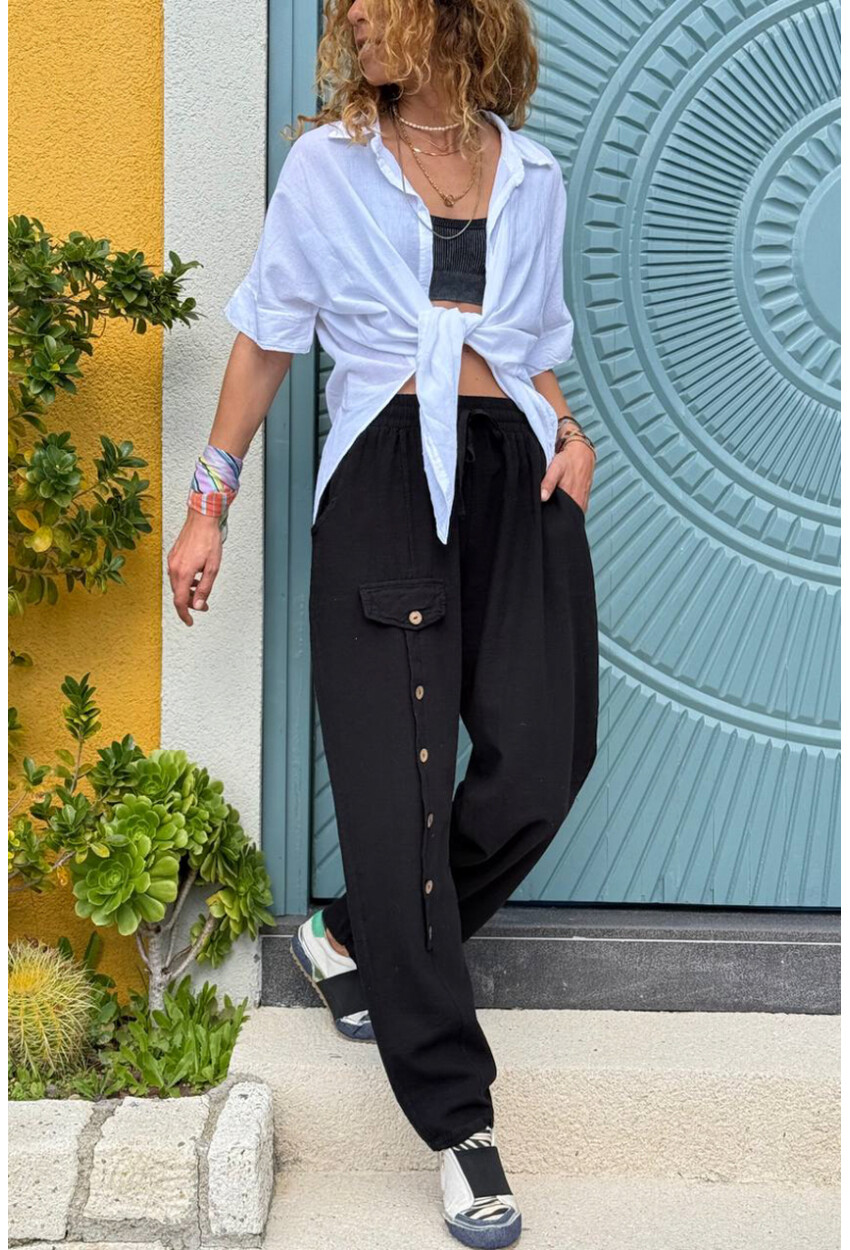 Siyah Cepli Süs Düğmeli Bol Paça Pamuklu Salaş Dokuma Pantolon 95 35