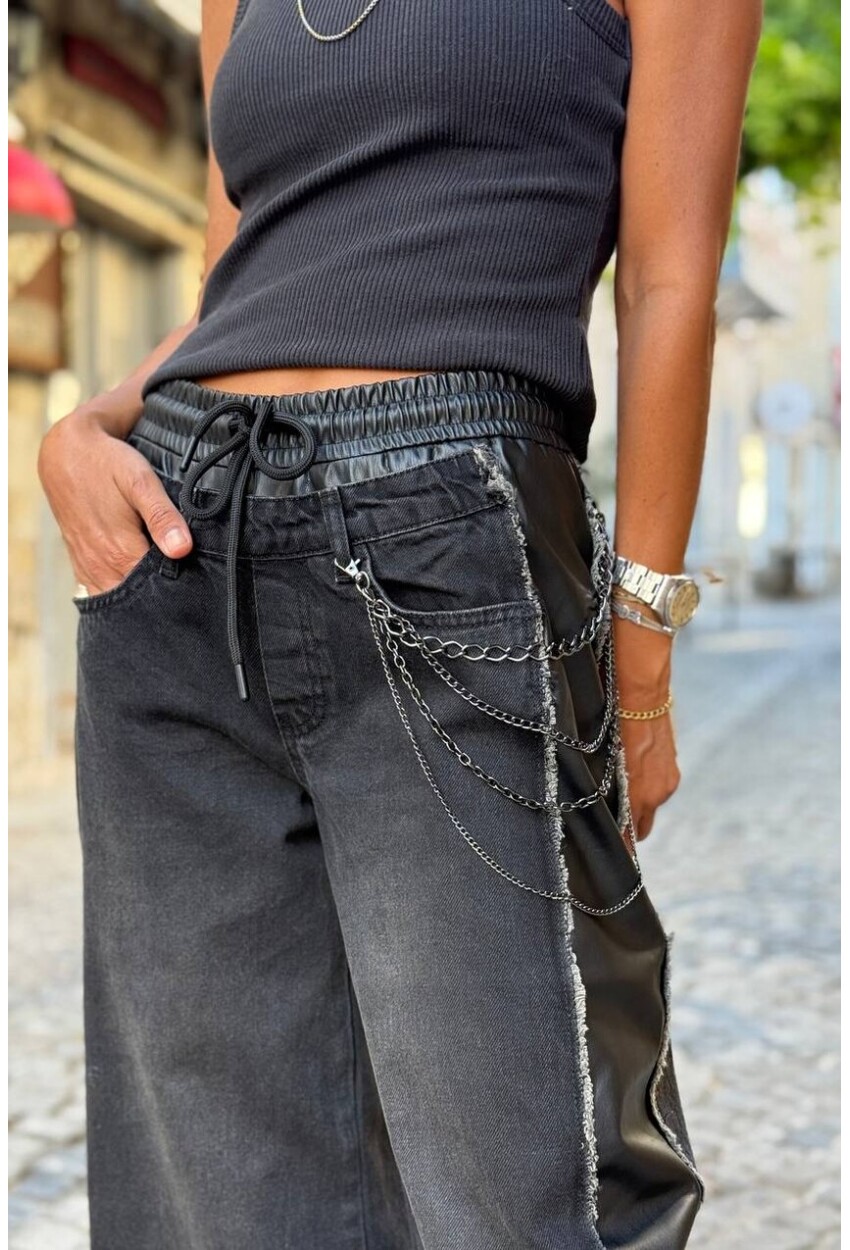 Siyah Deri Garnili Zincirli Pis Dikişli Lastikli Bel Bol Paça Tasarım Denim Pantolon 30 100