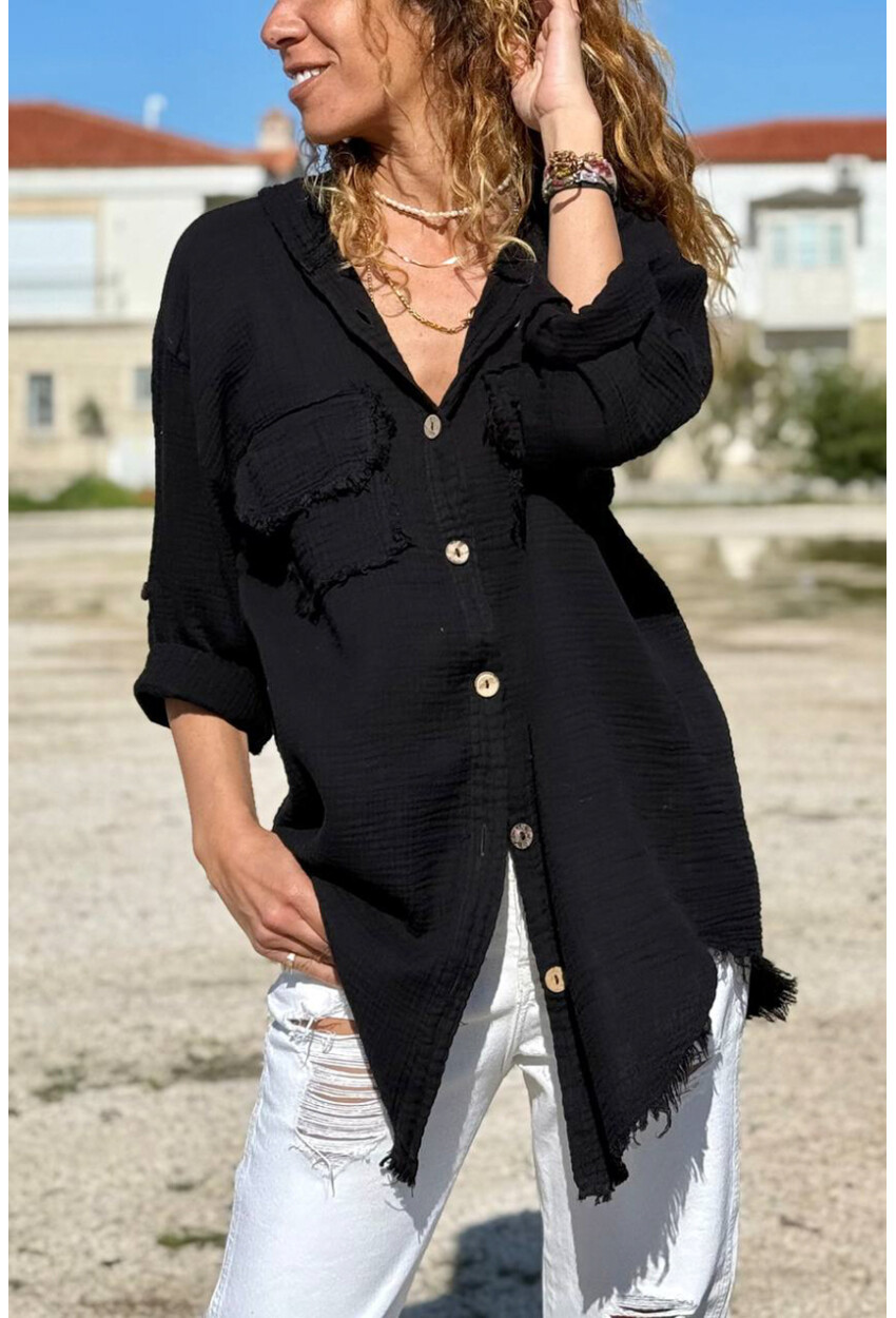 Siyah Kapüşonlu Düğmeli Cepli Pis Dikişli Pamuklu Salaş Dokuma Gömlek 70 50