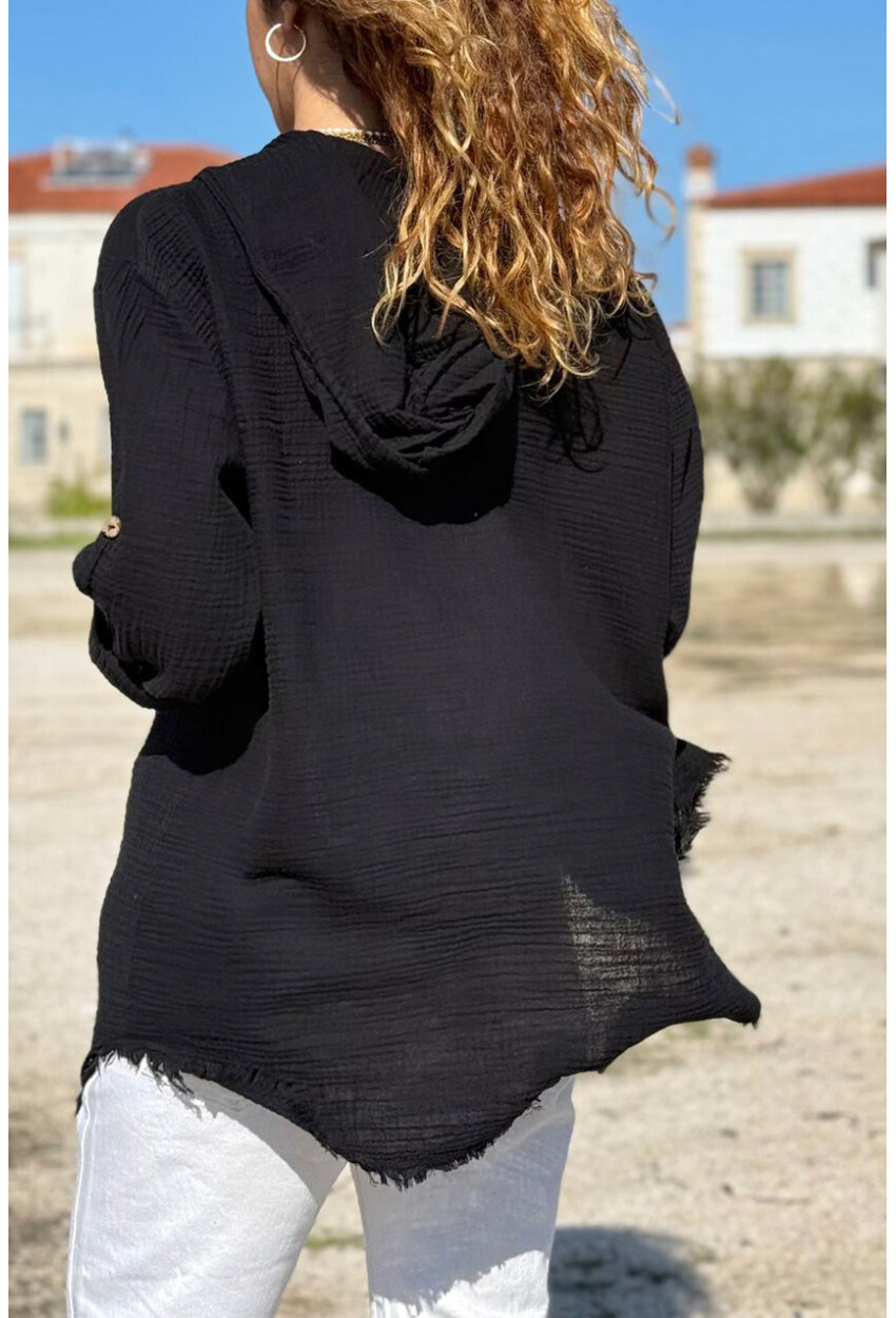 Siyah Kapüşonlu Düğmeli Cepli Pis Dikişli Pamuklu Salaş Dokuma Gömlek 70 50