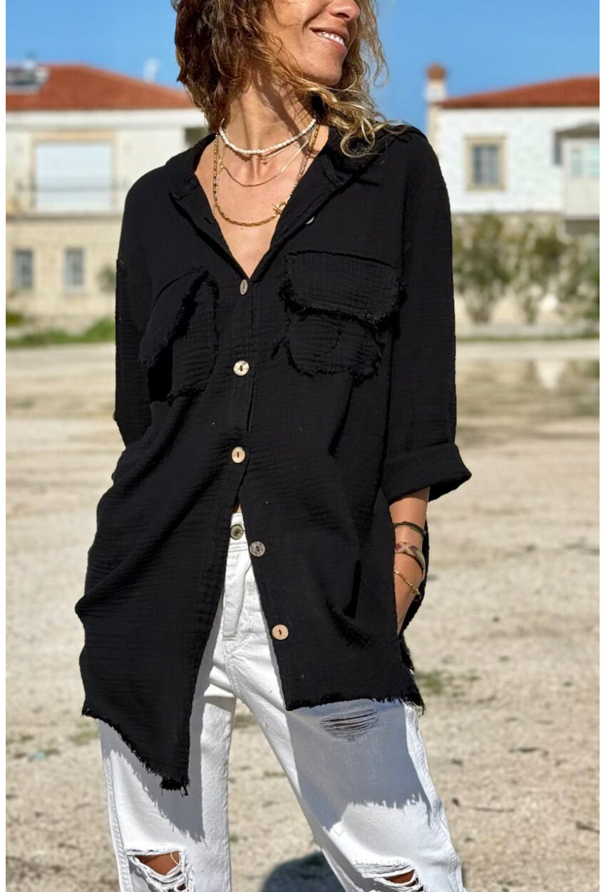 Siyah Kapüşonlu Düğmeli Cepli Pis Dikişli Pamuklu Salaş Dokuma Gömlek 70 50