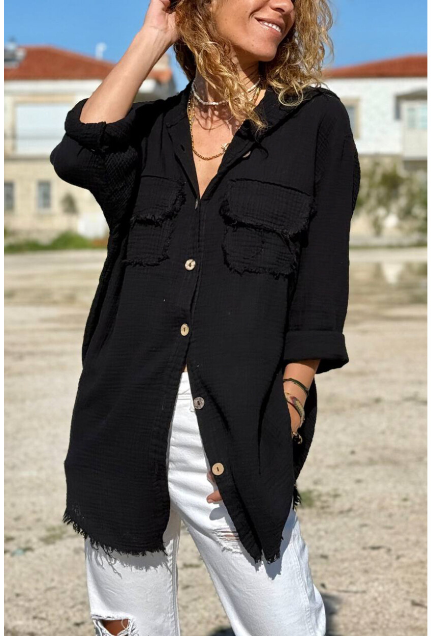 Siyah Kapüşonlu Düğmeli Cepli Pis Dikişli Pamuklu Salaş Dokuma Gömlek 70 50