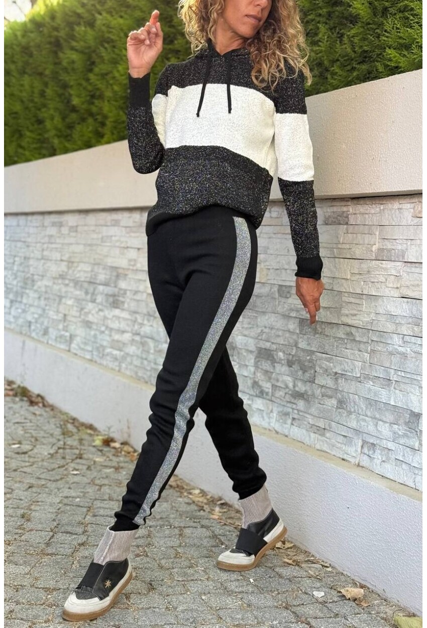 Siyah Simli Yanları Şeritli Lastikli Bel Lastikli Paça Triko Jogger Pantolon 30 100