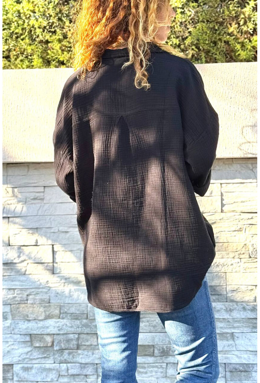 Siyah Yarım Patlı Süs Düğmeli Pamuklu Salaş Dokuma Bluz 65 55