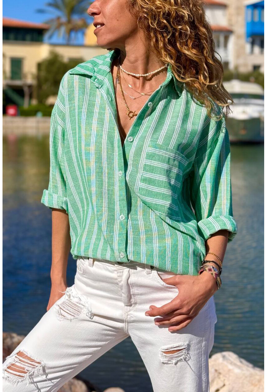 Yeşil Çizgili Cepli Pamuklu Salaş Dokuma Gömlek 70 50
