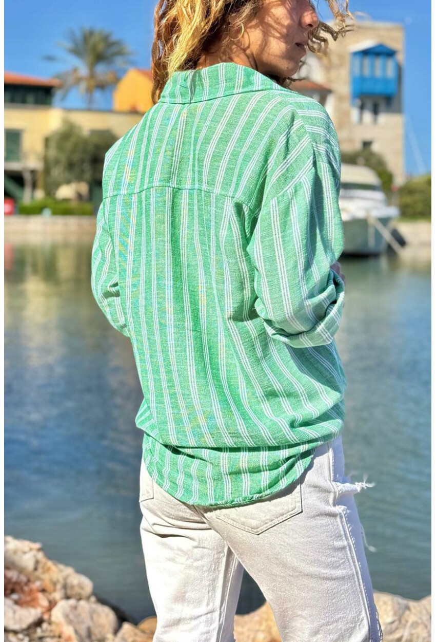 Yeşil Çizgili Cepli Pamuklu Salaş Dokuma Gömlek 70 50