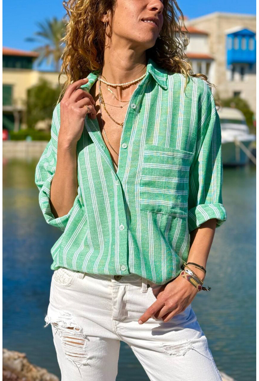 Yeşil Çizgili Cepli Pamuklu Salaş Dokuma Gömlek 70 50