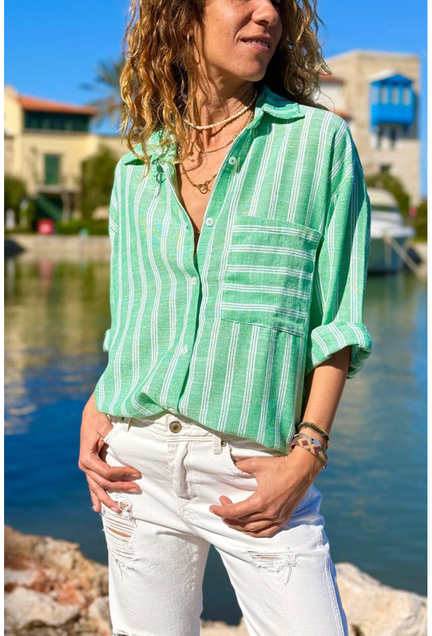 Yeşil Çizgili Cepli Pamuklu Salaş Dokuma Gömlek 70 50