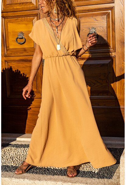 Womens Beige Airobin Shoulder Buckle Straw Detailed Waist Pleated Long Dress BST3127