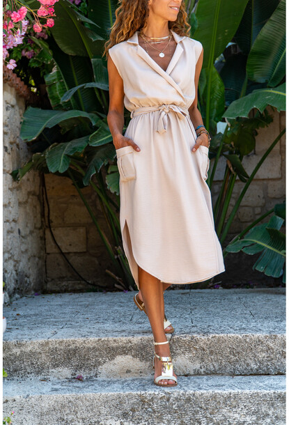 Bej Kruvaze Ceket Yaka Cepli Kemerli Airobin Elbise GK-BST2881